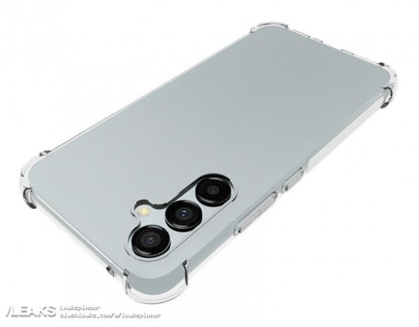 Зображення Samsung Galaxy A54 в чохлі демонструє знайомий дизайн камери і, чомусь, дисплей Infinity-V